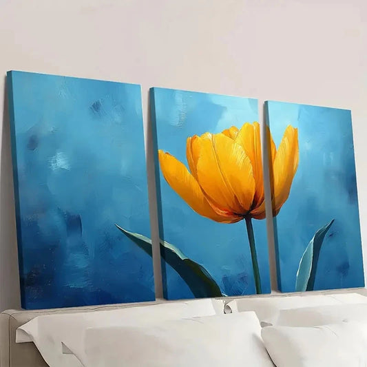 3pcs Vibrant Blue & Yellow Floral OK Wall Art Set Canvas Framed 40x60cm - High Quality Print 100% Australian Made Wall Canvas Ready to Hang