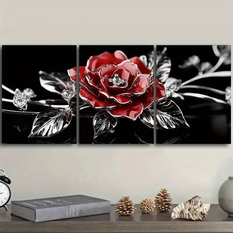 3pcs Jewel rose Floral Gem Metal Print Ready to Hang Art