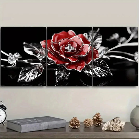 3pcs Jewel rose Floral Gem Metal Print Ready to Hang Art