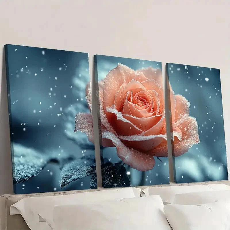 3pcs Pink Rose  Snowy Winter Scene  TR    Wall Art Set Canvas Framed 50x70cm - High Quality Print 100% Australian Made Wall Canvas Ready to Hang