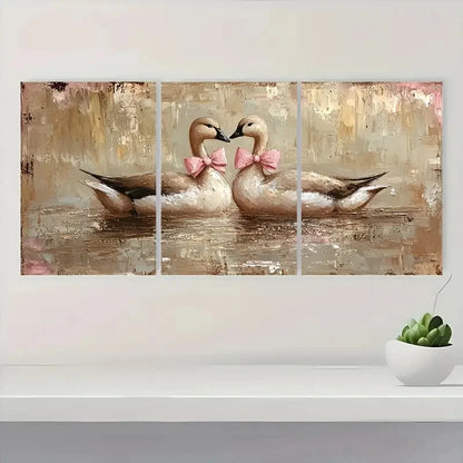 3pcs Romantic Couple Geese with Pink Bows G    Wall Art Set Canvas Framed 60x90cm - High Quality Print 100% Australian Made Wall Canvas Ready to Hang