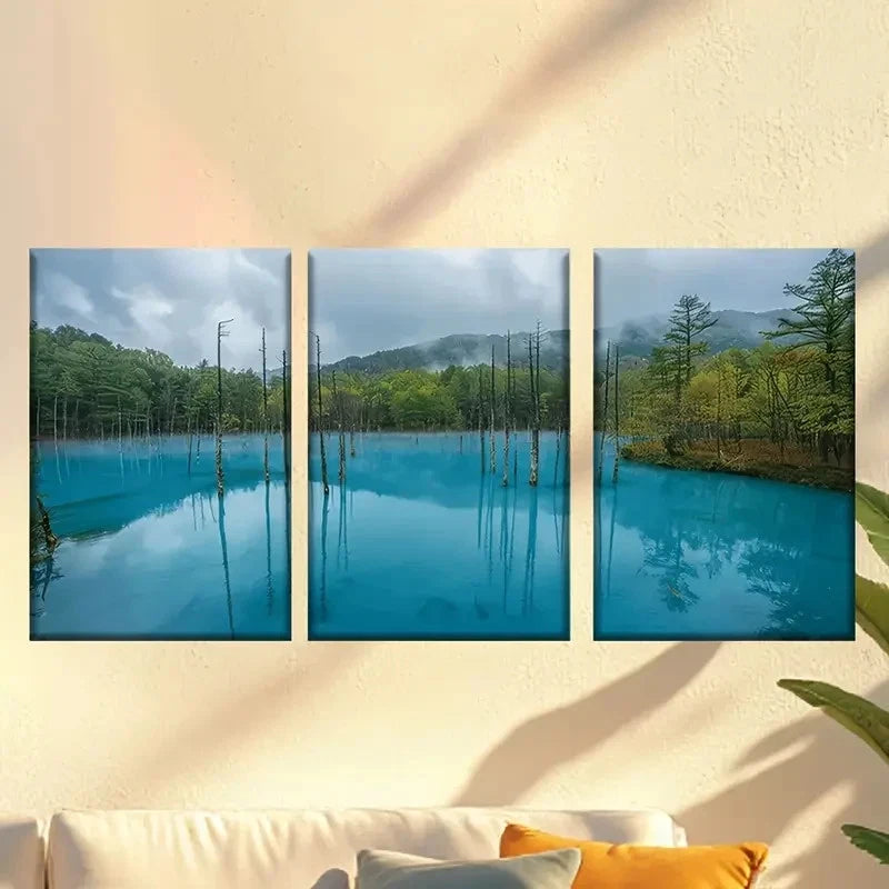3pcs Blue Sunset Lakeside Wall Art Set Canvas Framed 60x90cm - High Quality Print 100% Australian Made Wall Canvas Ready to Hang - Bella Home Decor