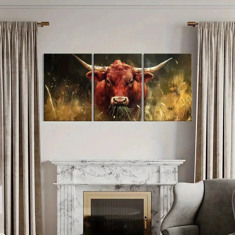 3pcs Cattle Bull Animal Landscape Golden Metal Print Ready to Hang Art - Bella Home Decor