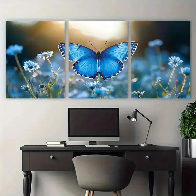 3pcs Pastel Blue Butterfly Serene Summer Meadow Metal Print Ready to Hang Art - Bella Home Decor