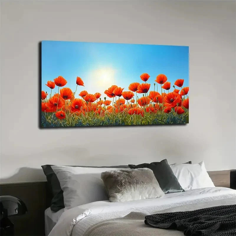 Vibrant Red Poppies Field Wall Art canvas office home room framed 120x60cm - Bella Home Decor
