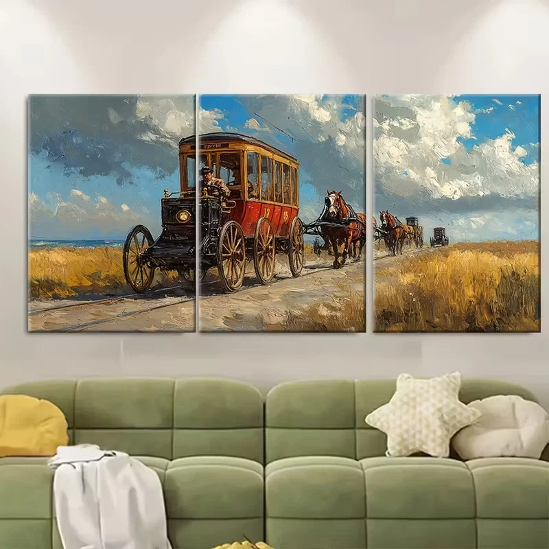 3pcs Vintage Trams Horse Drawn Buggy Metal Print Ready to Hang Art