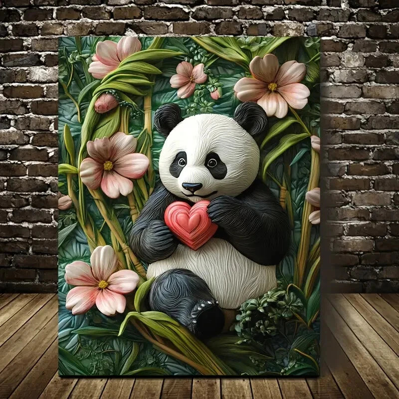 Beautiful Giant Panda Among Flowers Painting 40x60cm Metal Print Ready to Hang - Bella Home Decor