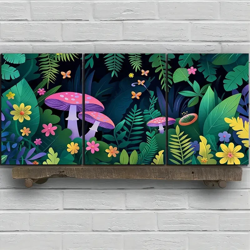 3pcs Floral and Mushroom Vibrant Botanical Metal Print Ready to Hang Art