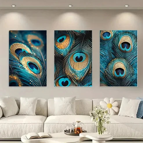 3pcs Vintage Peacock Feather VPF  Wall Art Set Canvas Unframed - High Quality Print 100% Australian Made Wall Canvas