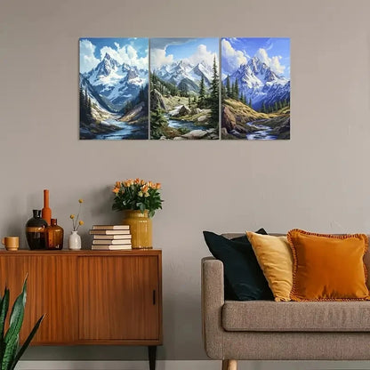 3pcs Snow Peaks, Pine Trees & Serene Streams Metal Print Ready to Hang Art - Bella Home Decor