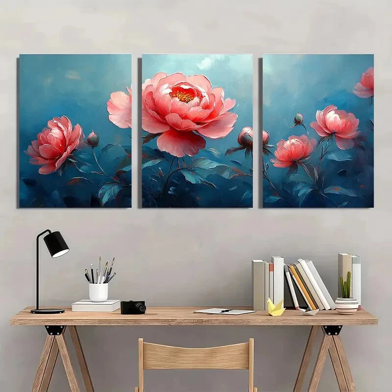 3pcs Elegant Peony Flower Pink & Blue Floral Metal Print Ready to Hang Art - Bella Home Decor