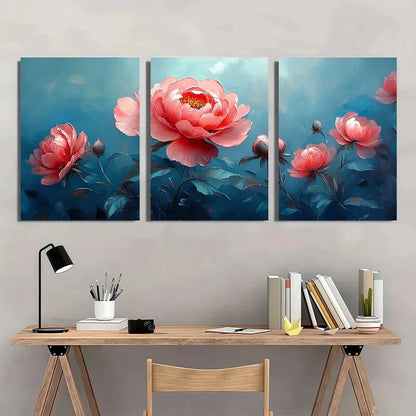 3pcs Elegant Peony Flower Pink & Blue Floral Metal Print Ready to Hang Art - Bella Home Decor