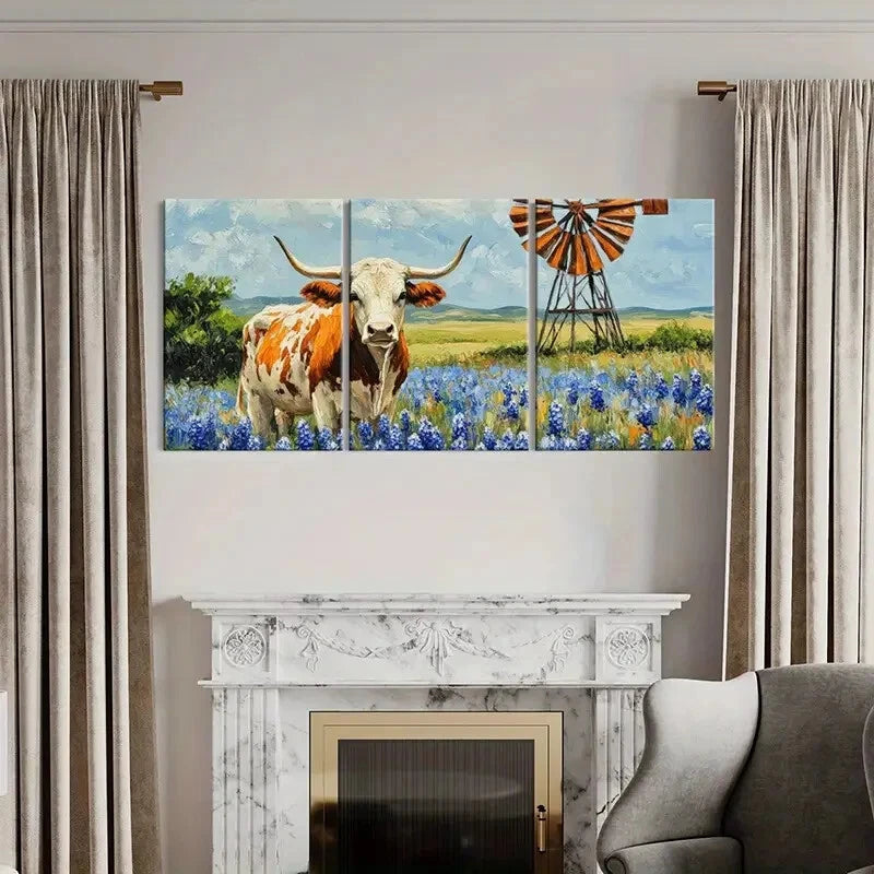 3pcs Texas Longhorn Cow Bluebonnet Flowers Metal Print Ready to Hang Art - Bella Home Decor