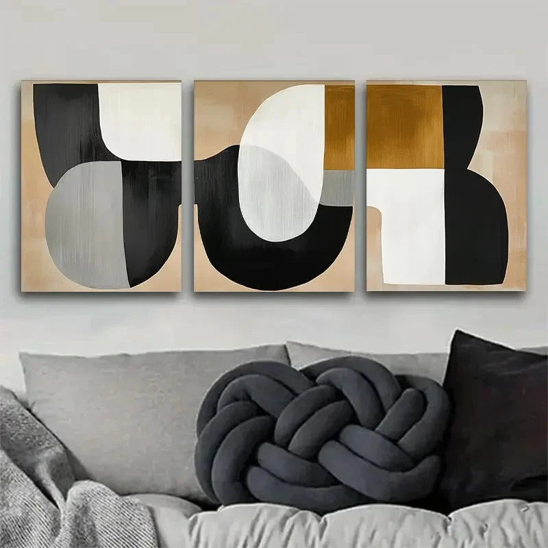 3pcs Black and White Golden Beige Color Metal Print Ready to Hang Art - Bella Home Decor