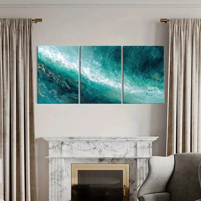 3pcs Abstract Ocean Waves Turquoise Art Metal Print Ready to Hang Art - Bella Home Decor
