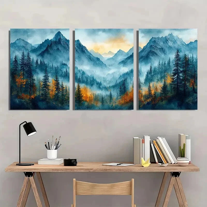 3pcs Mountain Forest Misty Pine Tree Landscape Metal Print Ready to Hang Art - Bella Home Decor