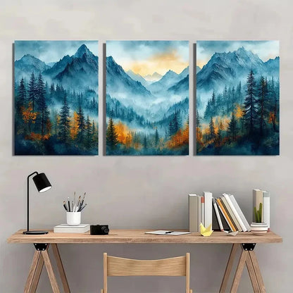 3pcs Mountain Forest Misty Pine Tree Landscape Metal Print Ready to Hang Art - Bella Home Decor