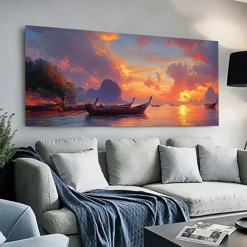 Sunset with Boats Mountain wall canvas office home room framed 120x60cm - Bella Home Decor