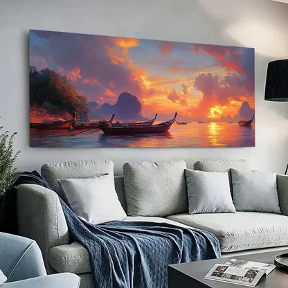 Sunset with Boats Mountain wall canvas office home room framed 120x60cm - Bella Home Decor