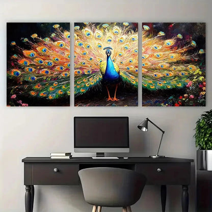 3pcs Vibrant Peacock with Detailed Feathers Design Metal Print Ready to Hang Art - Bella Home Decor