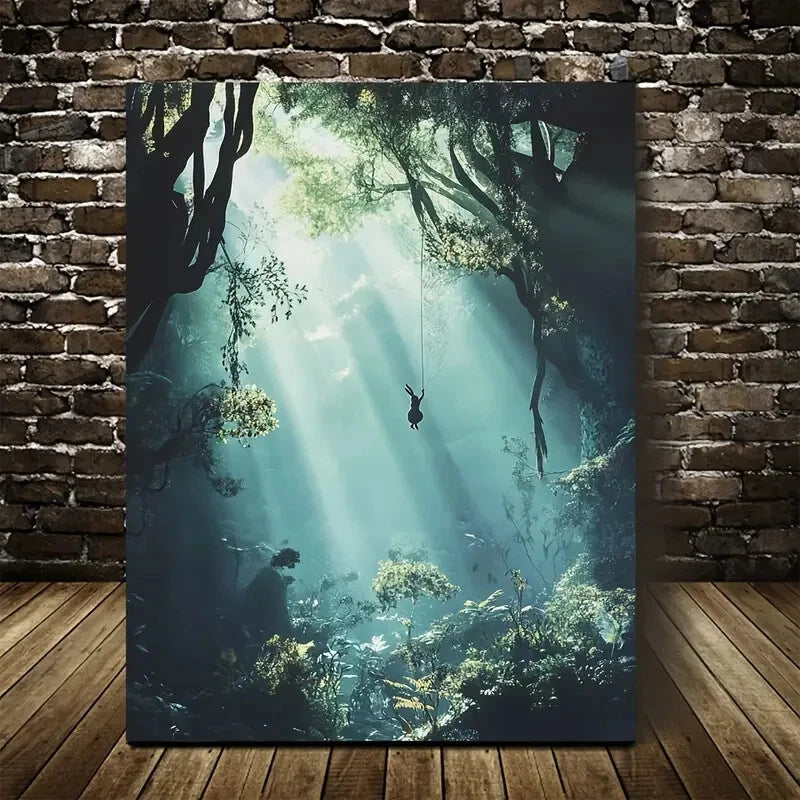 Surreal Rabbit Swinging in Deep Jungle Painting 40x60cm Metal Print Ready to Hang - Bella Home Decor