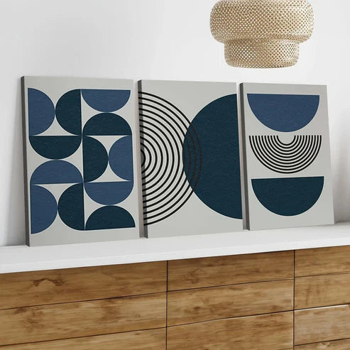 3pcs Navy Blue Bohemian Black Lines Modern Wall Art Set Canvas Unframed - High Quality Print 100% Australian Made Wall Canvas