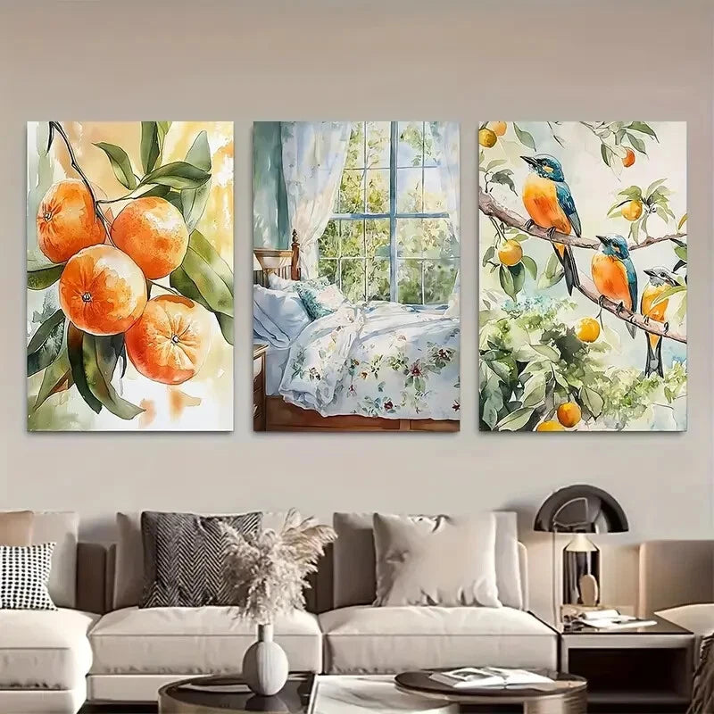 3pcs Orange Bird Mandarin Soft Green Spring Design Metal Print Ready to Hang Art - Bella Home Decor