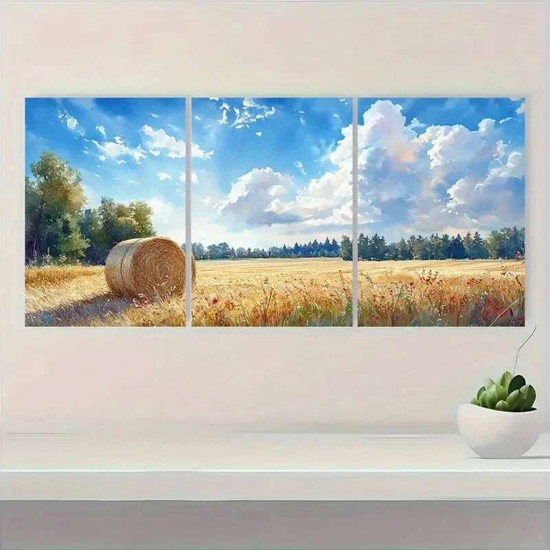 3pcs Rustic Haystacks Serene Countryside Landscape Metal Print Ready to Hang Art - Bella Home Decor