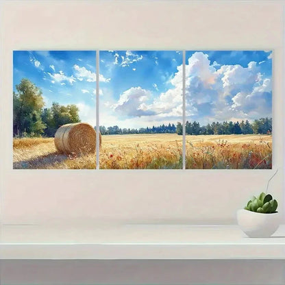 3pcs Rustic Haystacks Serene Countryside Landscape Metal Print Ready to Hang Art - Bella Home Decor