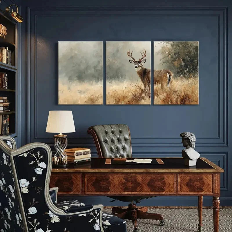 3pcs Artistic Deer Landscape Painting Wildlife Metal Print Ready to Hang Art - Bella Home Decor