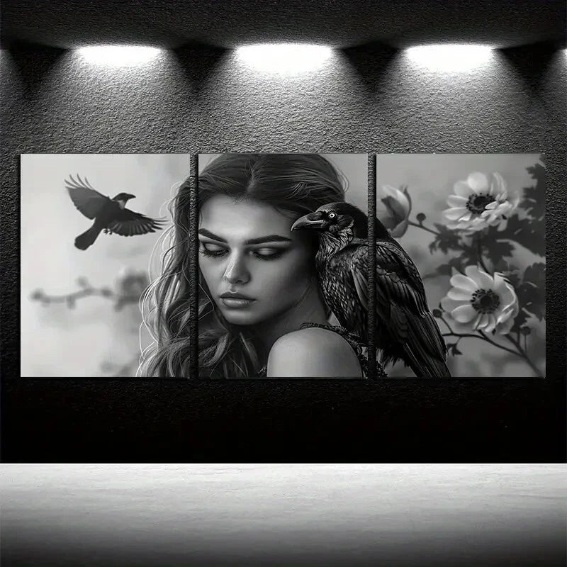 3pcs Girls and Crows Theme, Modern Design Metal Print Ready to Hang Art - Bella Home Decor