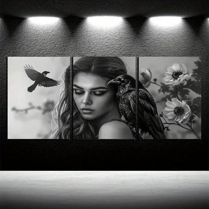 3pcs Girls and Crows Theme, Modern Design Metal Print Ready to Hang Art - Bella Home Decor