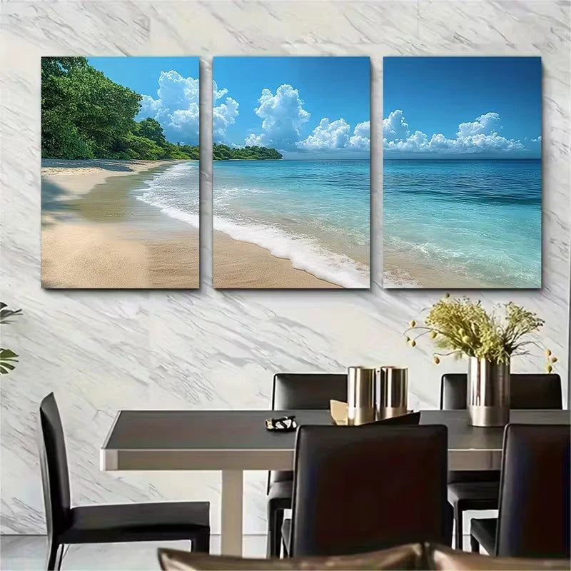 3pcs White Sandy Beach Metal Print Ready to Hang Art