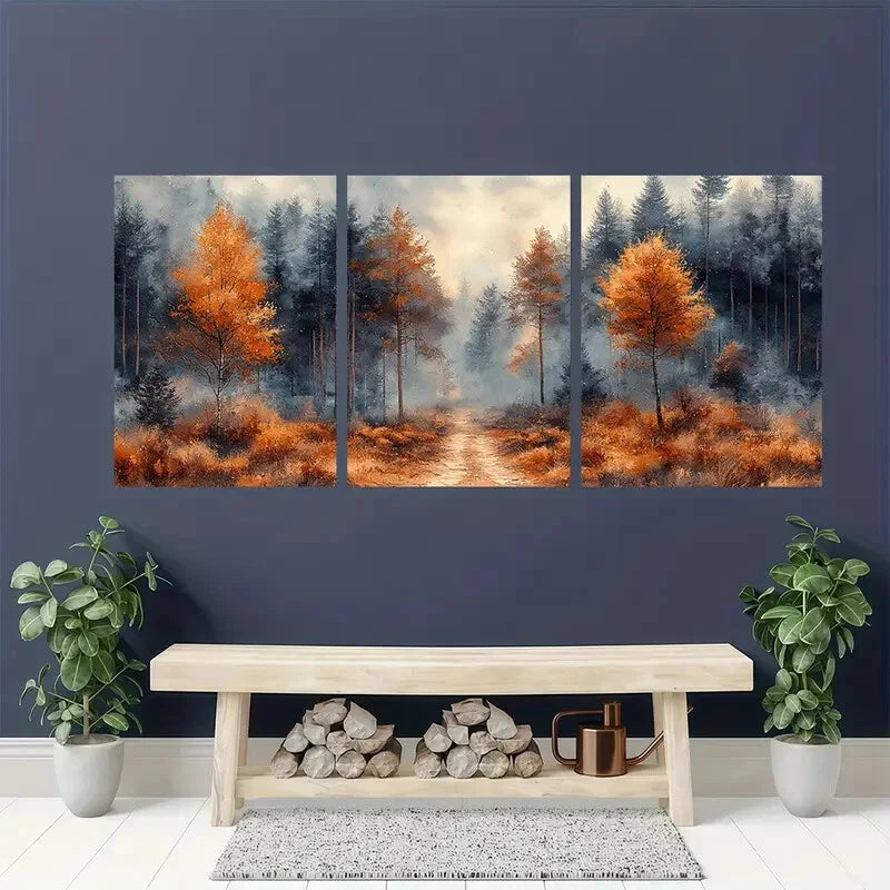 3pcs Woodland Watercolor with Elegant Brown Trees Metal Print Ready to Hang Art - Bella Home Decor