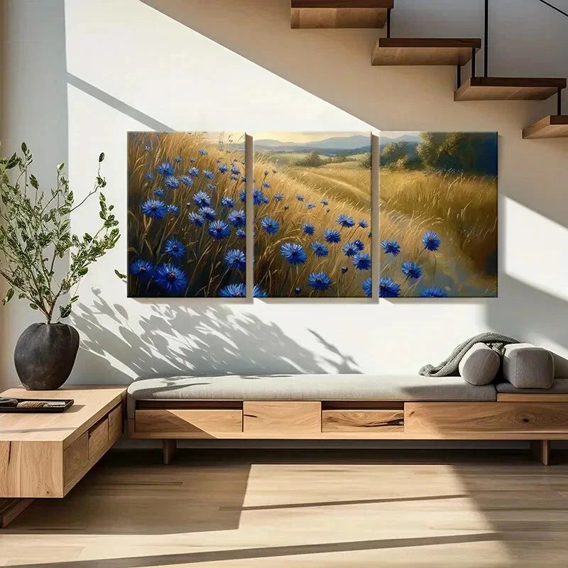 3pcs Blue Cornflower & Golden Wheat Field Metal Print Ready to Hang Art - Bella Home Decor