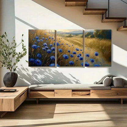 3pcs Blue Cornflower & Golden Wheat Field Metal Print Ready to Hang Art - Bella Home Decor