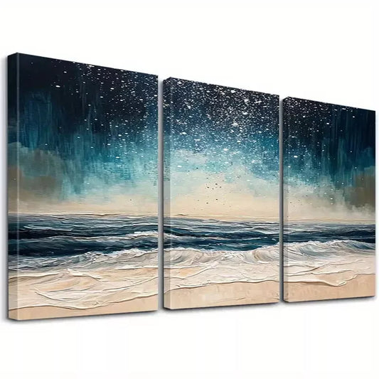 3pcs Abstract Night Beach Waves Classic Art Set Canvas Framed 50x70cm - High Quality Print 100% Australian Made Wall Canvas Ready to Hang