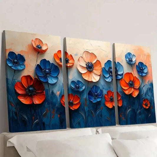 3pcs Original Blue Floral Landscape FT Wall Art Set Canvas Framed 50x70cm - High Quality Print 100% Australian Made Wall Canvas Ready to Hang