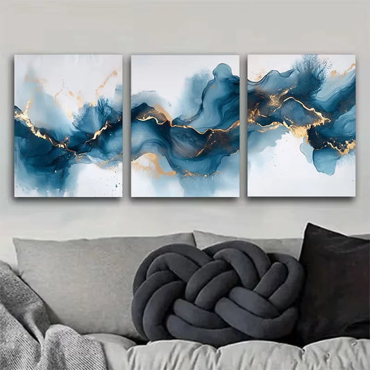3pcs Blue & Golden Abstract Metal Print Ready to Hang Art