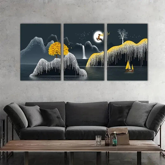 3pcs Elk Jumping in Moonlight Landscape, Metal Print Ready to Hang Art