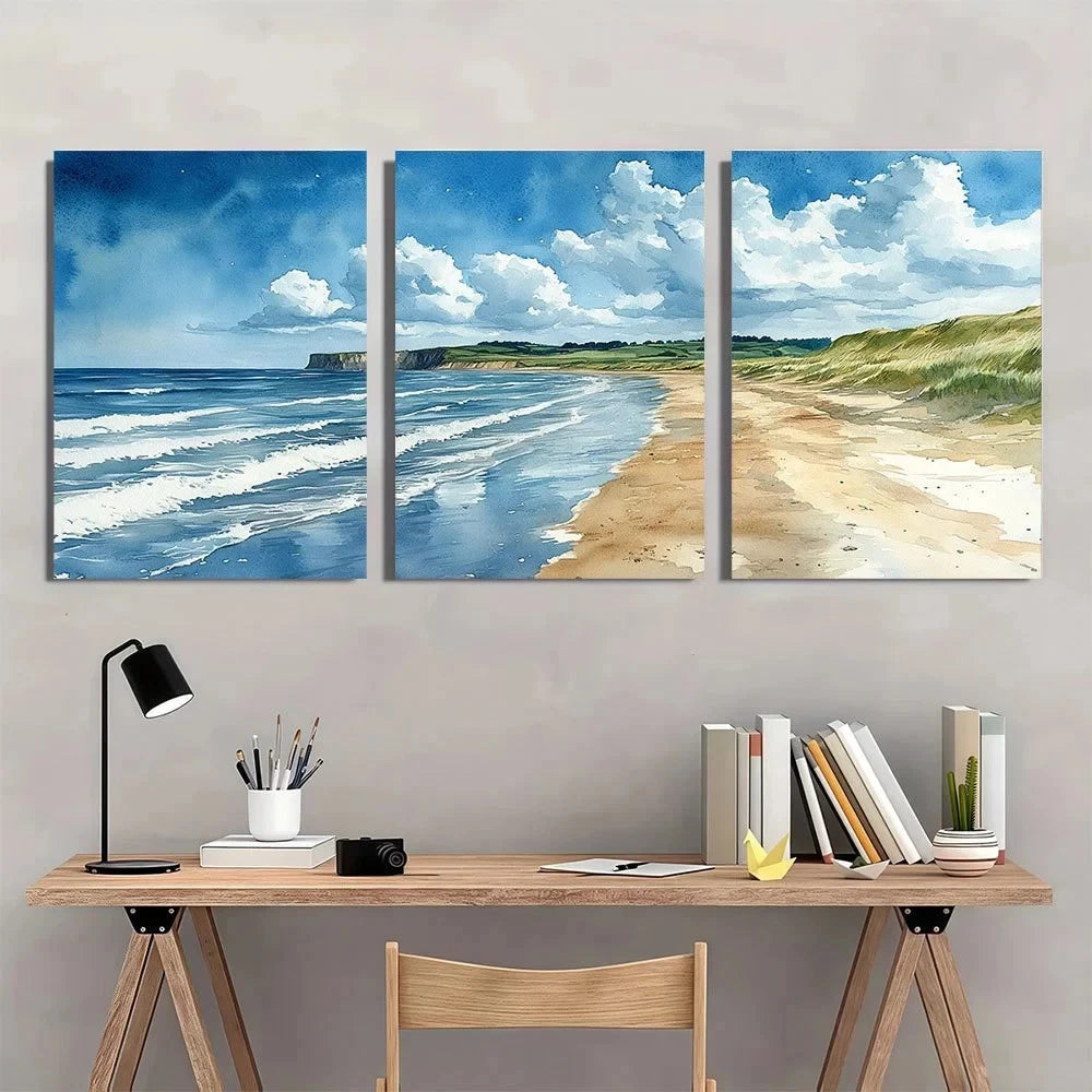 3pcs Coastal Green Hills Watercolor Metal Print Ready to Hang Art - Bella Home Decor