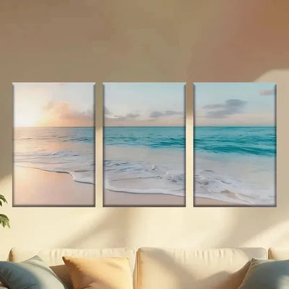 3pcs Serene Ocean Waves & Golden Sky Wall Art Set Canvas Unframed - High Quality Print 100% Australian Made Wall Canvas