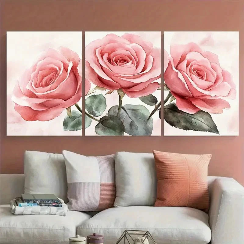 3pcs Blush Pink Rose Bouquet Watercolor Design Metal Print Ready to Hang Art - Bella Home Decor