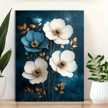 Beautiful White & Blue Floral Design Golden Painting 40x60cm Metal Print Ready to Hang