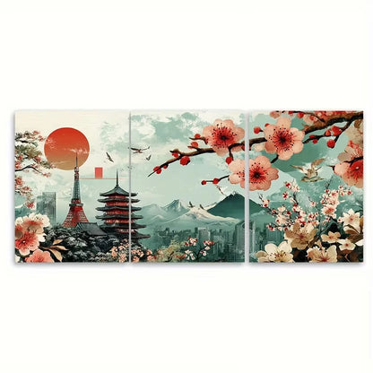 3pcs Cherry Blossom & Pagoda Scenery Metal Print Ready to Hang Art - Bella Home Decor