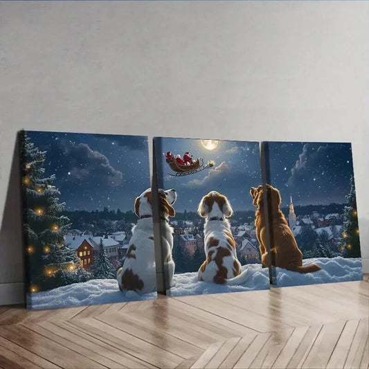 3pcs The dog looks at Santa Claus Wall Art Set Canvas Framed 50x70cm - High Quality Print 100% Australian Made Wall Canvas Ready to Hang