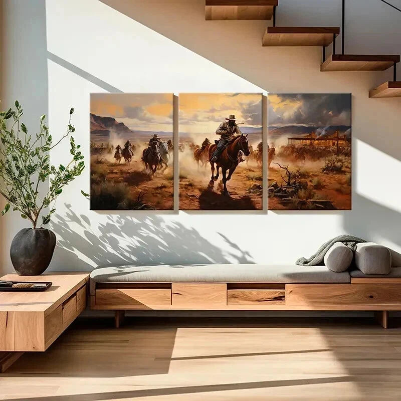 3pcs Landscape with Cowboy on Horseback Wall Art Set Canvas Framed 50x70cm - High Quality Print 100% Australian Made Wall Canvas Ready to Hang - Bella Home Decor