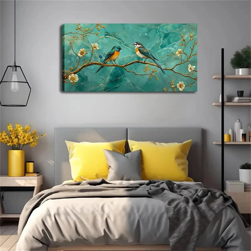 Birds On Golden Branches Wall Art canvas office home room framed 120x60cm