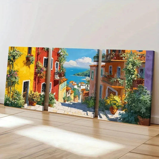 3pcs Mediterranean Village, Coastal Wall Art Set Canvas Framed 40x60cm - High Quality Print 100% Australian Made Wall Canvas Ready to Hang