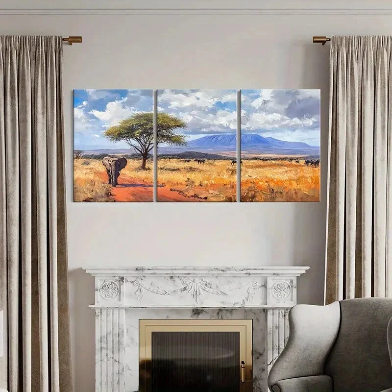 3pcs African Landscape Elephant Acacia Tree Metal Print Ready to Hang Art - Bella Home Decor